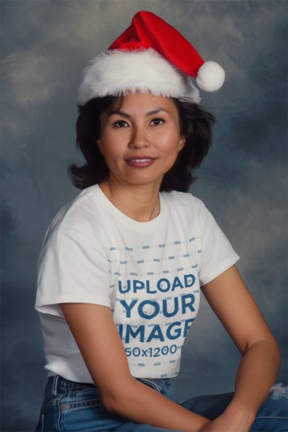 Round-Neck T-Shirt Mockup of an AI-Generated Woman in a Retro Christmas Setting