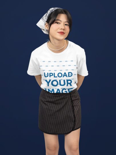 Mockup Featuring a Happy Teenage Girl Wearing a Crewneck T-Shirt in a Studio