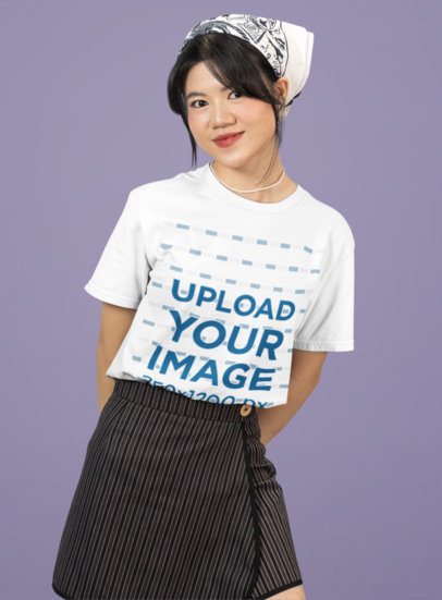 Crewneck T-Shirt Mockup of a Teenage Girl Smiling in a Studio