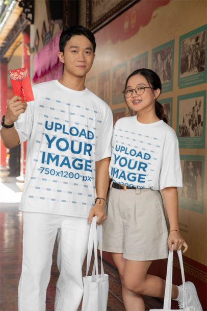 Chinese New Year-Themed Mockup of a Man and a Woman Wearing Matching T-Shirts