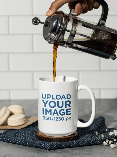 Mockup of a 15 oz Coffee Mug Being Filled with Coffee