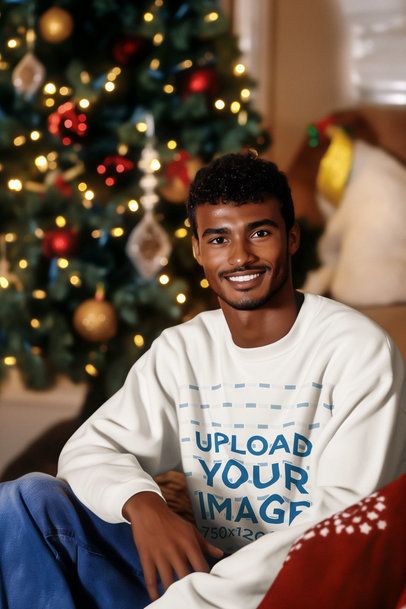Mockup of an AI-Created Man Wearing a Sweatshirt in a Xmas-Decorated Room