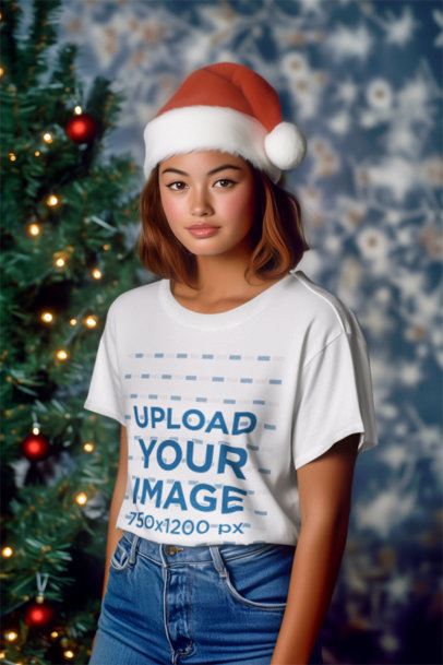 T-Shirt Mockup of an AI-Created Woman Standing Next to a Christmas Tree