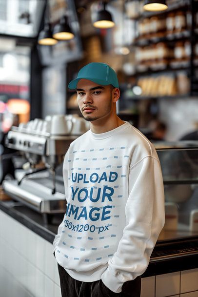 AI-Created Mockup of a Man Wearing a Sweatshirt at a Coffee Shop