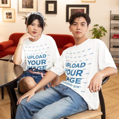 Mockup of Two Teenagers Wearing Matching T-Shirts at Home