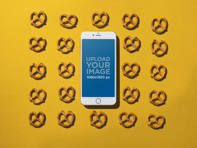 Mockup of an iPhone Lying on a Solid Color Surface with Pretzels