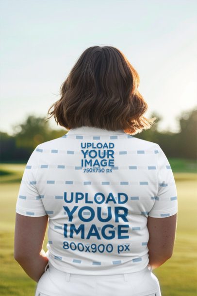 Back-View Polo Shirt Mockup Featuring a Woman Standing on a Golf Course