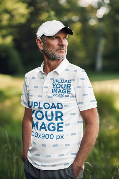 Mockup Featuring an Older Man Generated by AI Wearing a Sublimated Polo Shirt