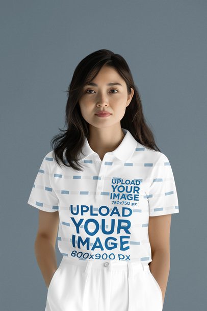 AI-Created Mockup Featuring a Woman Wearing a Sublimated Polo Shirt
