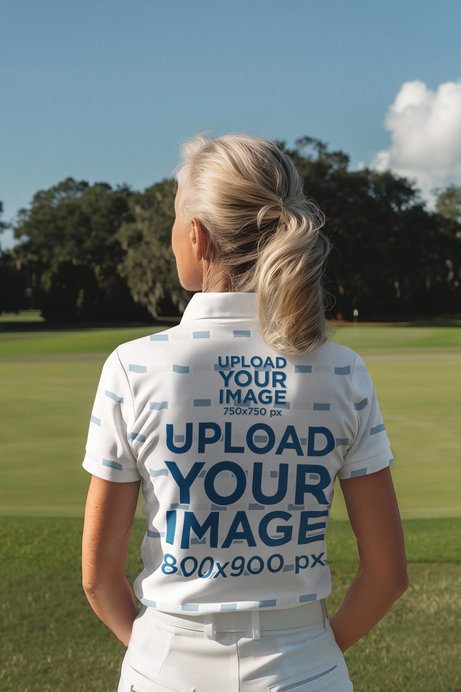 Back-View Mockup Featuring a Woman Wearing a Sublimated Polo Shirt in a Gold Course