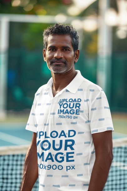 Mockup of a Man Wearing a Sublimated Polo Shirt on a Tennis Court