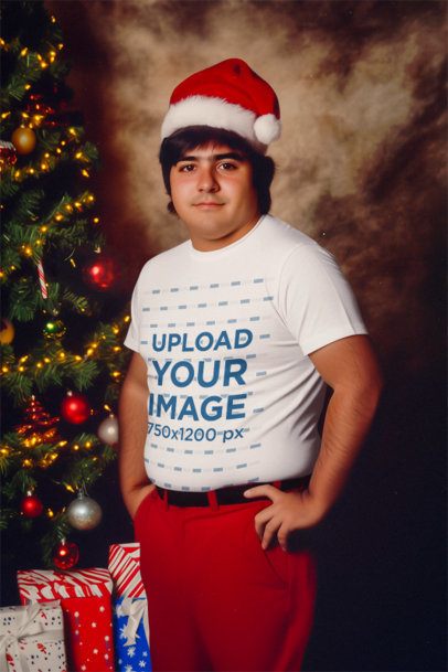 Retro Portrait-Inspired Mockup of an AI-Created Man Wearing a T-Shirt and a Xmas Hat