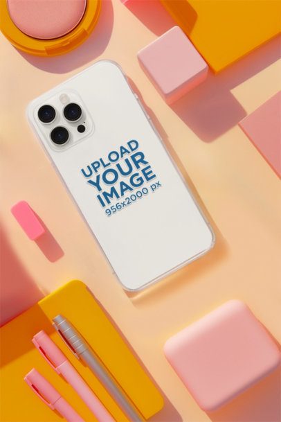 Clear Phone Case Mockup Featuring an AI-Created Background With Pens and Figures m51636