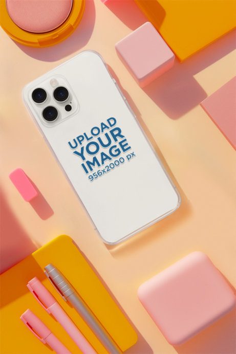 Clear Phone Case Mockup Featuring an AI-Created Background With Pens and Figures
