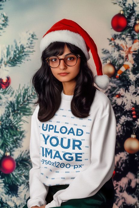 Retro Portrait-Inspired Mockup of a Woman with Glasses Wearing a Sweatshirt and a Santa Hat