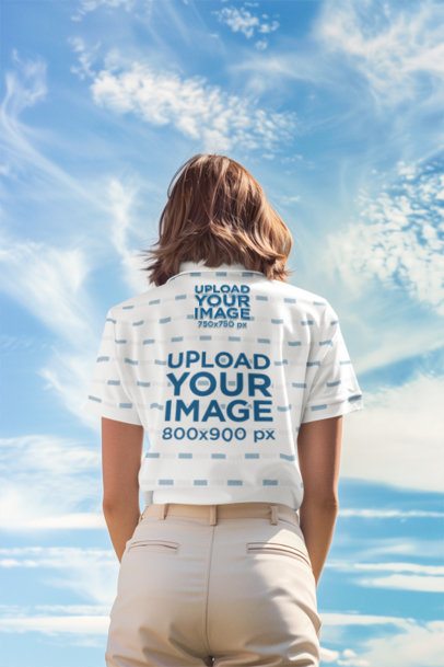 Back-View Sublimated Polo Shirt Mockup of a Woman Under a Clear Sky