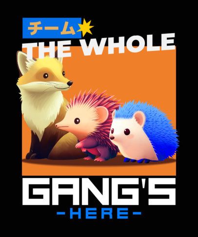 Illustrated T-Shirt Design Template Featuring Colorful Hedgehogs and a Fox 7117e