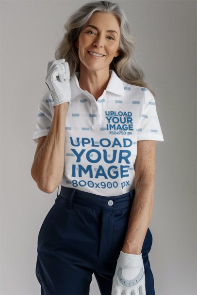 AI-Generated Mockup of an Older Woman Wearing a Sublimated Polo Shirt