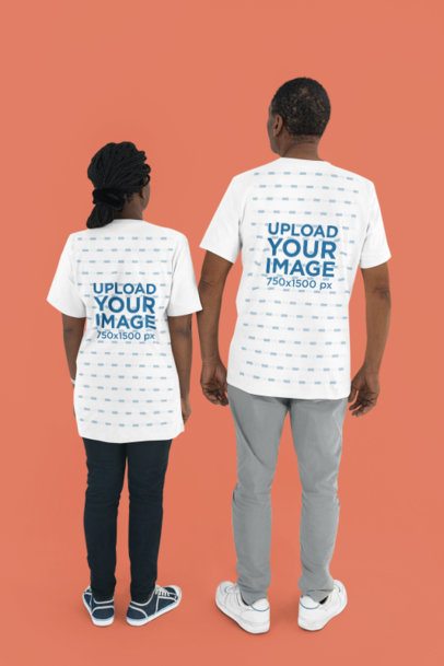 Back-View Bella Canvas Tee Mockup Featuring Two Seniors Standing in a Studio