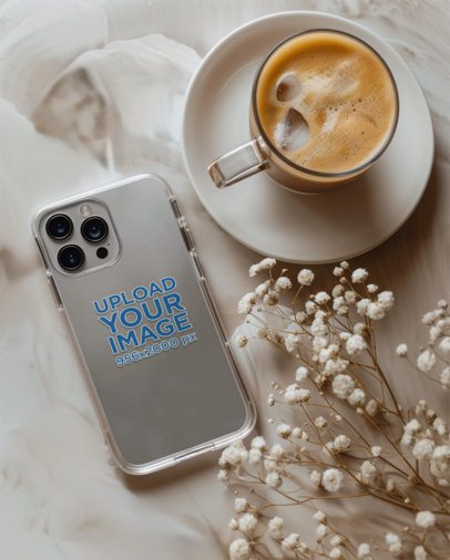 Mockup of a Clear iPhone 15 Pro Case in a Decorated Setting with Flowers