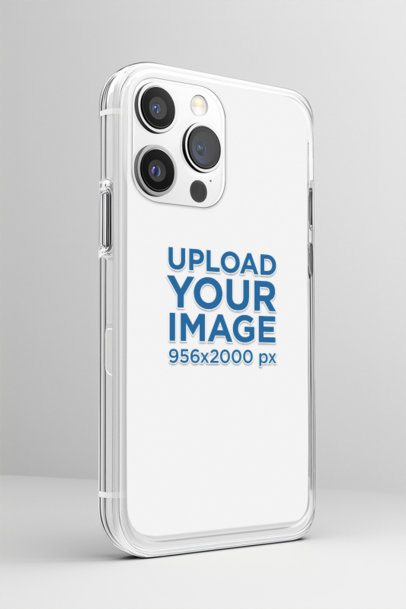 Mockup of an AI-Generated Clear Phone Case Standing in a Gray Backdrop m51651