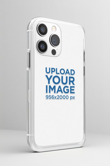 Mockup of an AI-Generated Clear Phone Case Standing in a Gray Backdrop