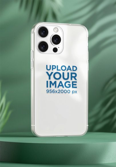 AI-Created Mockup Featuring a Clear Clear Case for an iPhone 15 Pro Max Standing in a Green Setting m51664