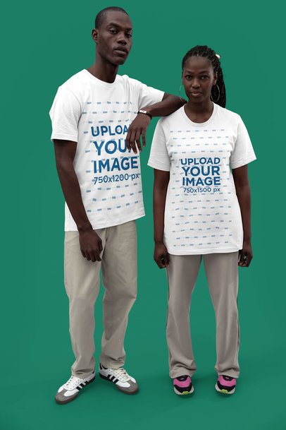 Bella Canvas T-Shirt Mockup of a Man and a Woman Posing Together in a Studio