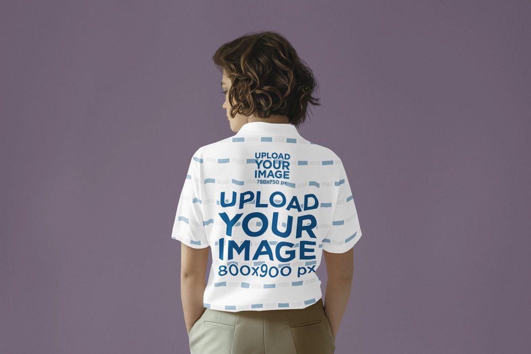 Back-View Mockup of a Woman Generated by AI Wearing a Sublimated Polo Shirt 