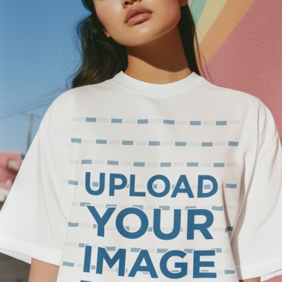 AI-Created Mockup Featuring a Woman Wearing an Oversized Tee on the Street