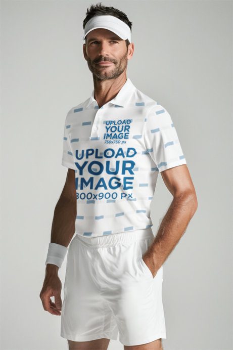 Mockup of a Tennis Player Generated by AI Wearing a Sublimated Polo Shirt in a Studio