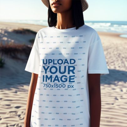 Round-Neck Tee Mockup Featuring an AI-Created Woman Standing on the Beach