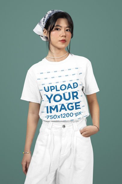 Crewneck Tee Mockup Featuring a Teenage Girl Standing in a Studio