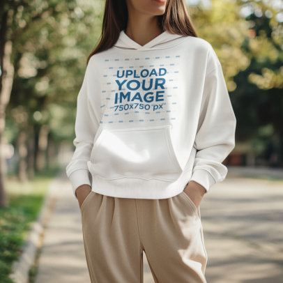 AI-Created Pullover Hoodie Mockup Featuring a Woman Standing on the Street