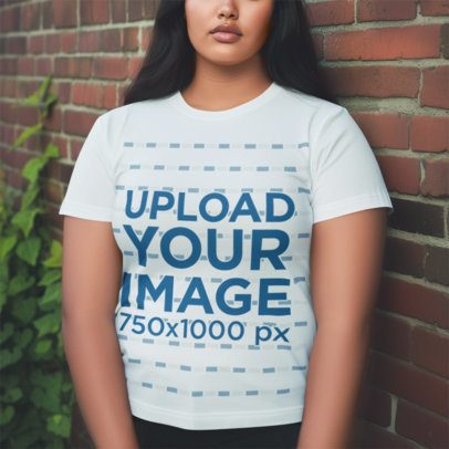 AI-Generated Mockup of a Woman Wearing a Rounded-Neck T-Shirt in Front of a Brick Wall m52622