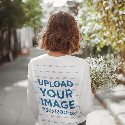 Back-View Long Sleeve Tee Mockup Featuring an AI-Created Woman Holding Flowers