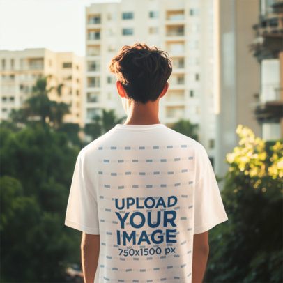 Back-View T-Shirt Mockup Featuring a Man Created by AI Looking at Buildings m52585