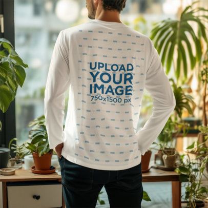 Back-View Long Sleeve Tee Mockup of a Man Generated by AI Looking at a Window