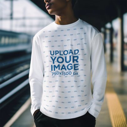AI-Generated Mockup of a Man Wearing a Long Sleeve Tee at a Metro Station