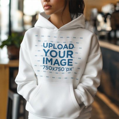 AI-Generated Mockup Featuring a Serious Woman Wearing a Pullover Hoodie