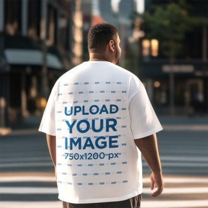 Back-View T-Shirt Mockup Featuring a Man Crossing the Street m52584
