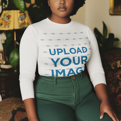 AI-Generated Mockup of a Woman Wearing a Plus Sized Tee with Long Sleeves