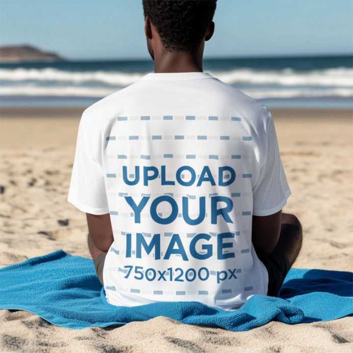 Back-View Tee Mockup Featuring a Man Sitting at the Beach