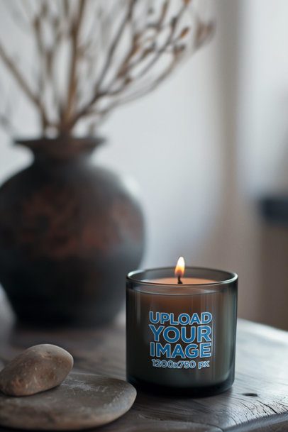 Mockup of an AI-Generated Black Glass Candle Placed on a Modern Setting