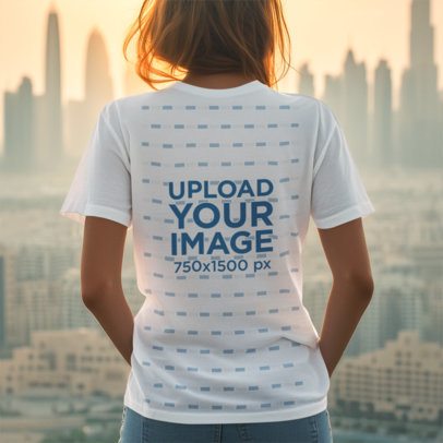 Back-View T-Shirt Mockup Featuring an AI-Created Woman Staring at a City Skyline m52608