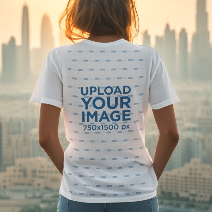 Back-View T-Shirt Mockup Featuring an AI-Created Woman Staring at a City Skyline