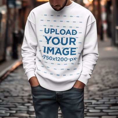 AI-Generated Mockup of an AI-Created Bearded Man Wearing a Sweatshirt on the Street