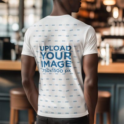 Back-View Mockup of a Man Created by AI Wearing a T-Shirt in a Restaurant