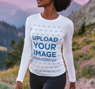 AI-Created Mockup Featuring a Smiling Woman Wearing a Long Sleeve Tee on a Mountain