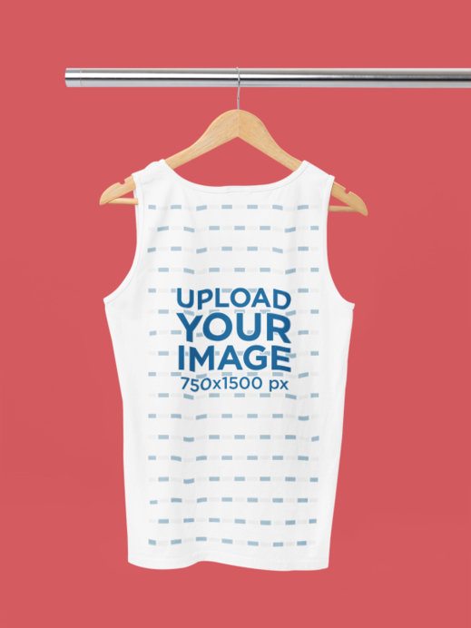 Mockup of a Comfort Colors Tank Top Hanging from a Steel Bar Against a Solid Background